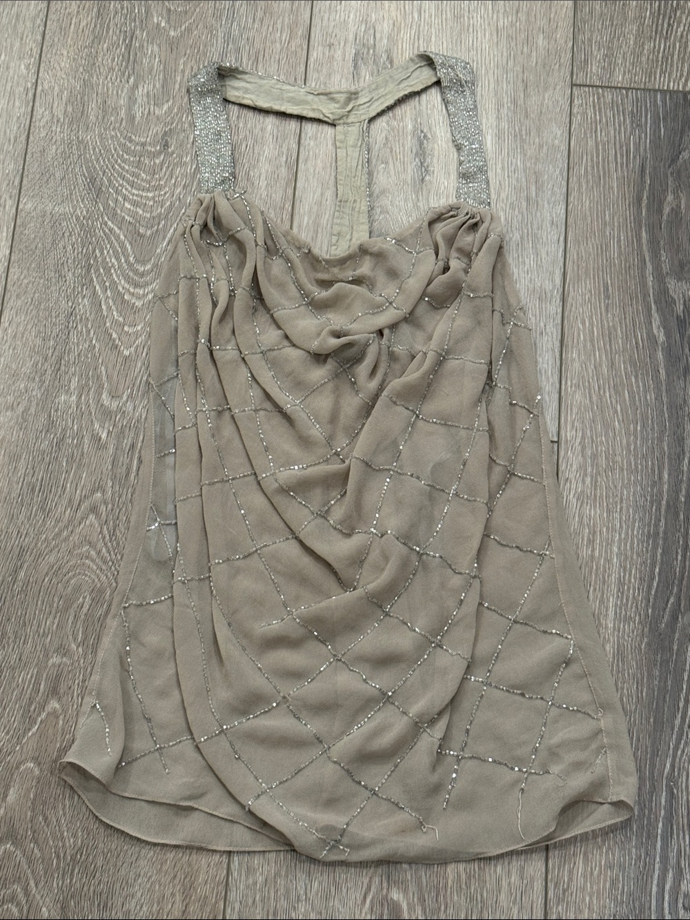 BKE Taupe Beaded Chiffon Tank Top